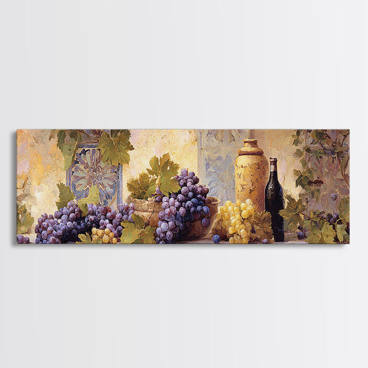 Grapes and Wine Still Life Canvas Print, French Country Art, Oil Painting, Farmhouse Decor, Abstract Art, Country, FCA-3x1-49