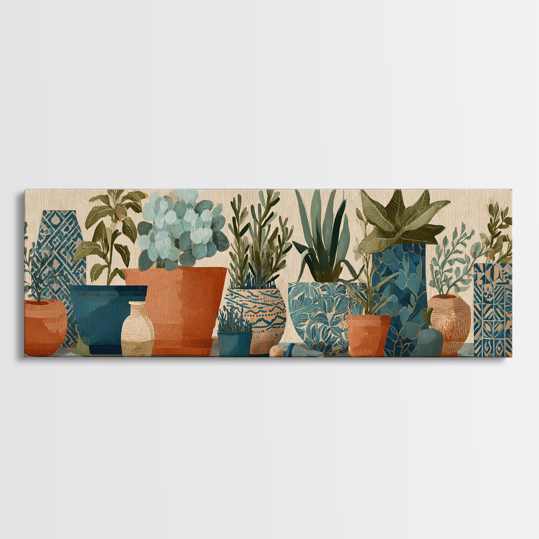 Terra Cotta Pots Framed Canvas Print, French Country Art, Textured Painting, Farmhouse Decor, Country, Home Decor Gift, FCA-3x1-51