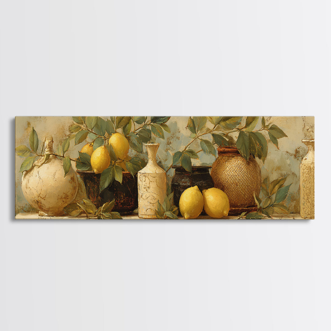 Aged Botanical Plate of Lemons and Leaves Framed Canvas Print, French Country Art, Boho Decor, Farmhouse Decor, Country, FCA-3x1-52