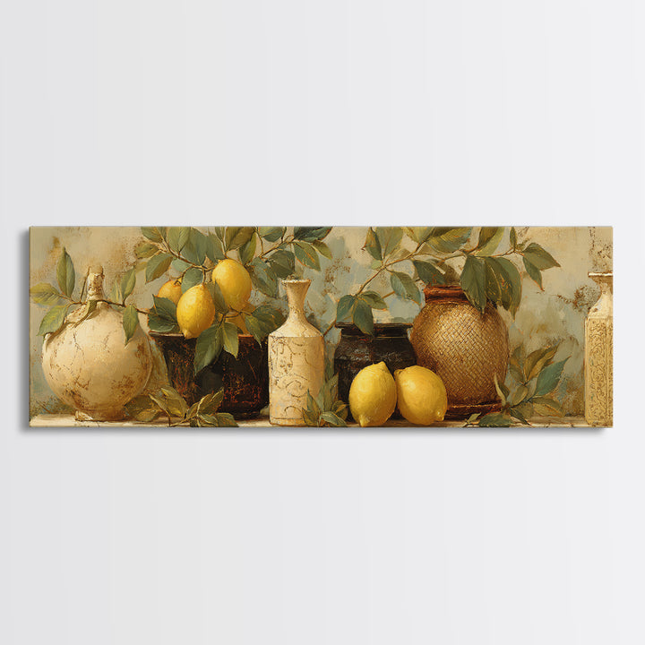Aged Botanical Plate of Lemons and Leaves Framed Canvas Print, French Country Art, Boho Decor, Farmhouse Decor, Country, FCA-3x1-52
