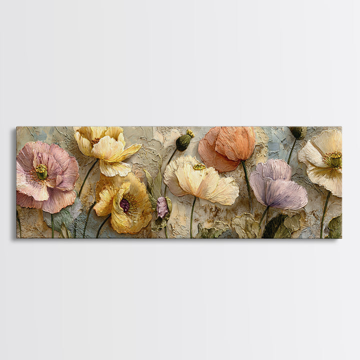 Poppies Beside a Stone Garden Wall Framed Canvas Print, French Country Art, Boho Decor, Farmhouse Decor, Oil Painting, Country, FCA-3x1-55