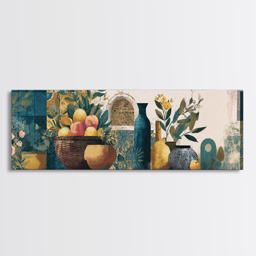 Basket of Fresh Peaches and Wildflowers Framed Canvas Print, French Country Art, Neutral Decor, Farmhouse Decor, Oil Painting, FCA-3x1-60
