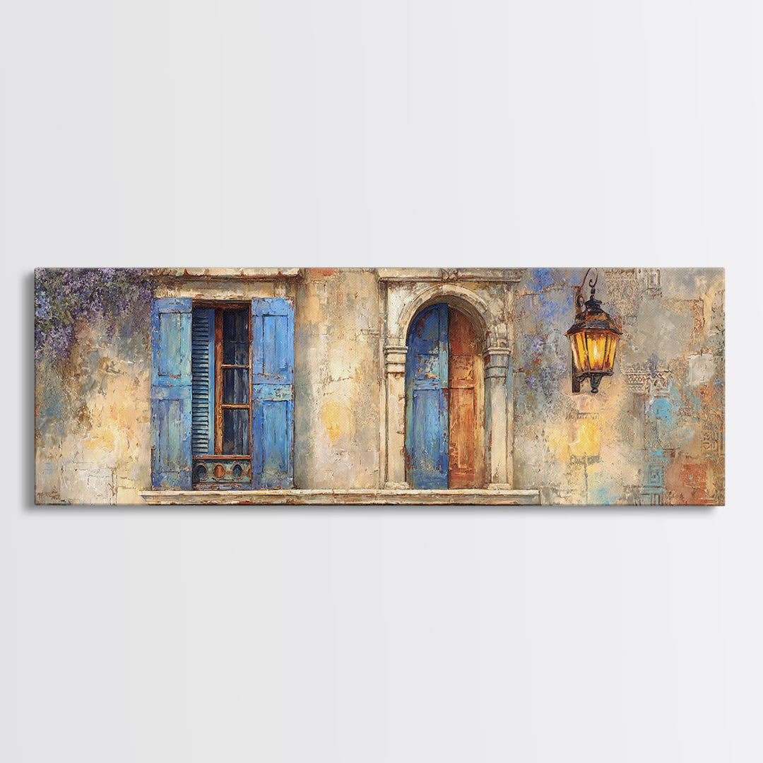 Weathered Window with Blue Shutters Canvas Print, French Country Art, Home Decor Gift, Farmhouse Decor, Oil Painting, Country, FCA-3x1-61