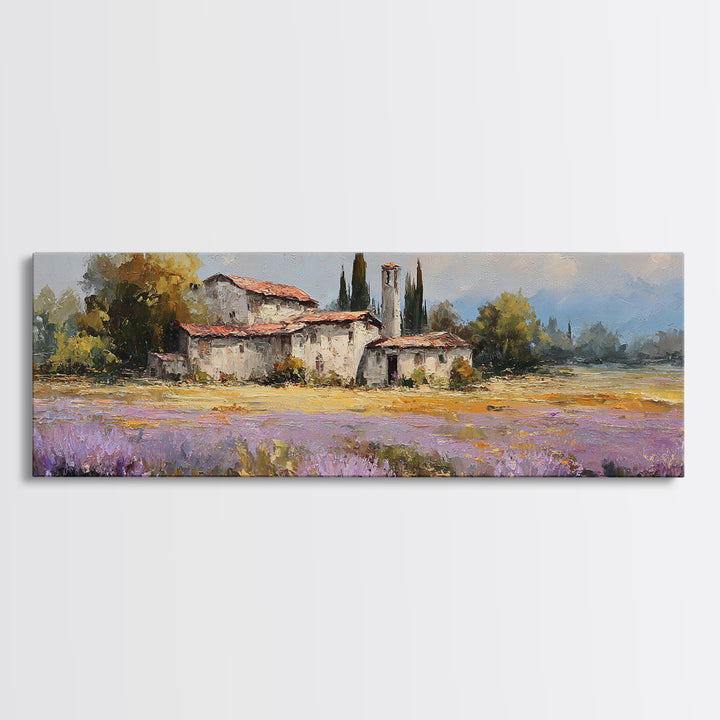 Lavender Field with Distant Stone Farmhouse Canvas Print, French Country Art, Printable Art, Farmhouse Decor, Watercolor Art, FCA-3x1-65