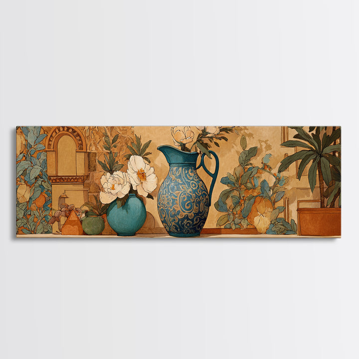 Blue and White Ceramic Pitcher Framed Canvas Print, French Country Art, Wall Art, Farmhouse Decor, Fine Art, Country, FCA-3x1-67