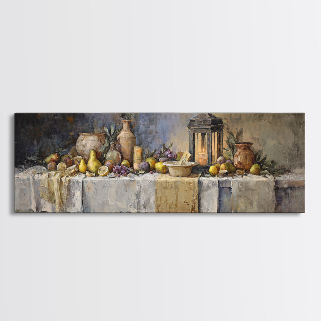 Pear Still Life on Linen Tablecloth Framed Canvas Print, French Country Art, Room Decor, Farmhouse Decor, Abstract Art, Country, FCA-3x1-68