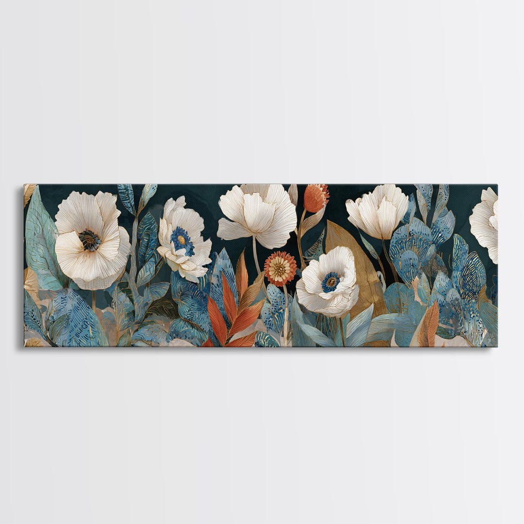 Poppies Beside a Stone Garden Wall Framed Canvas Print, French Country Art, Landscape Wall Art, Farmhouse Decor, Country, FCA-3x1-7