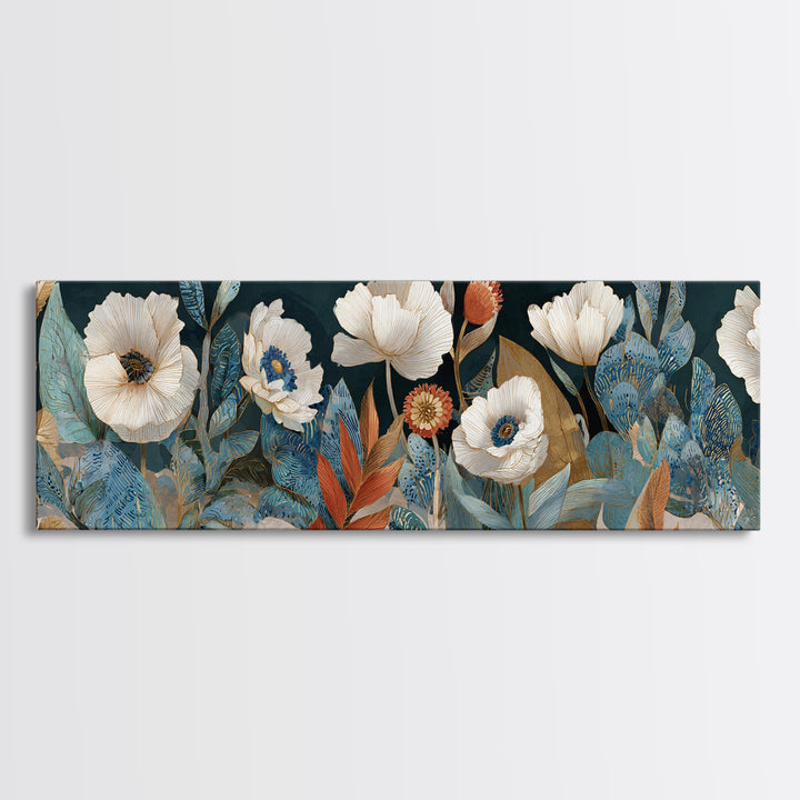 Poppies Beside a Stone Garden Wall Framed Canvas Print, French Country Art, Landscape Wall Art, Farmhouse Decor, Country, FCA-3x1-7
