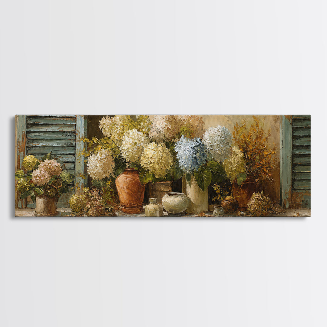Soft Hydrangeas Beside Antique Shutters Framed Canvas Print, French Country Art, Textured Painting, Farmhouse Decor, Country, FCA-3x1-72