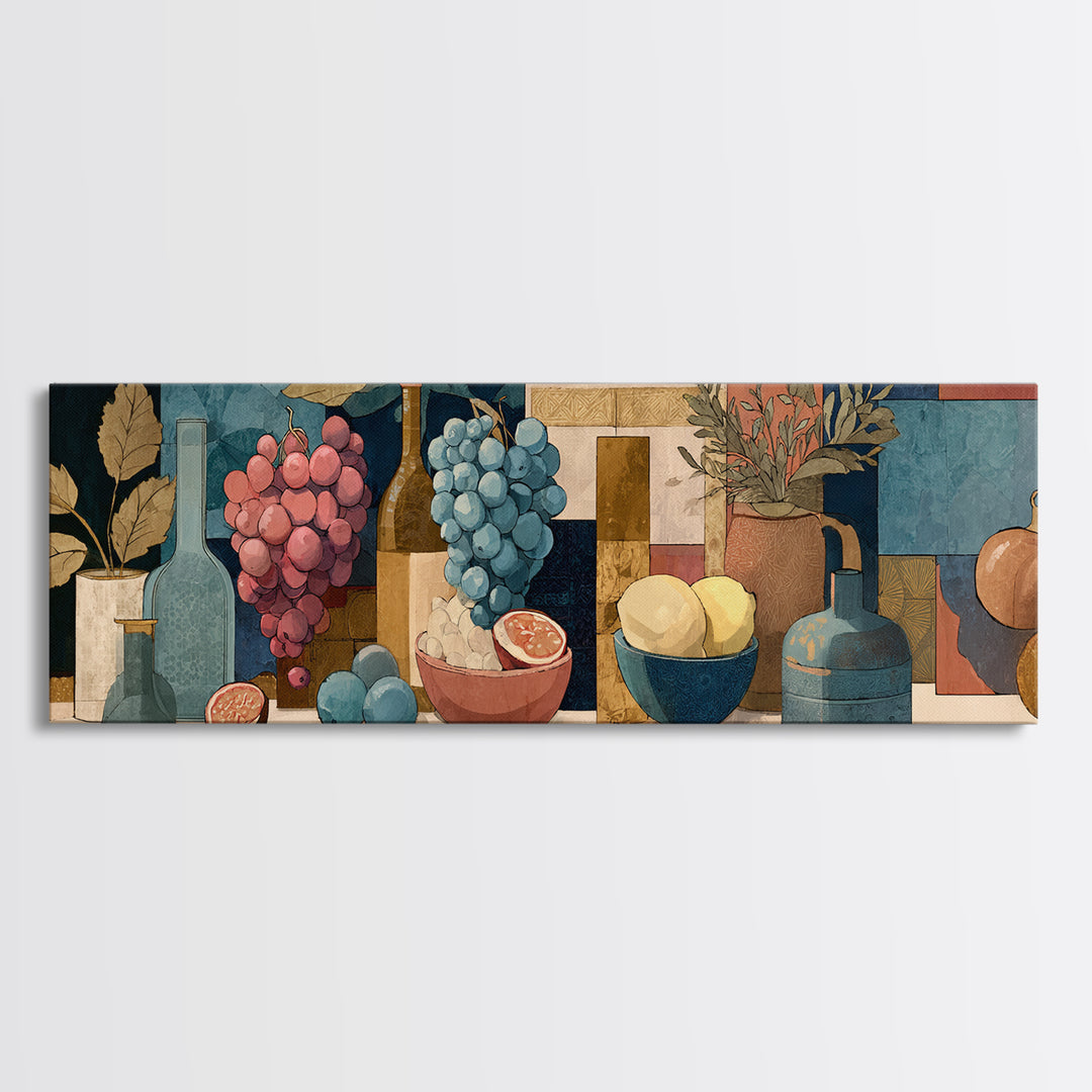 Grapes and Wine Still Life Framed Canvas Print, French Country Art, Farmhouse Decor, Fine Art, Country, Farmhouse Wall Art, FCA-3x1-73