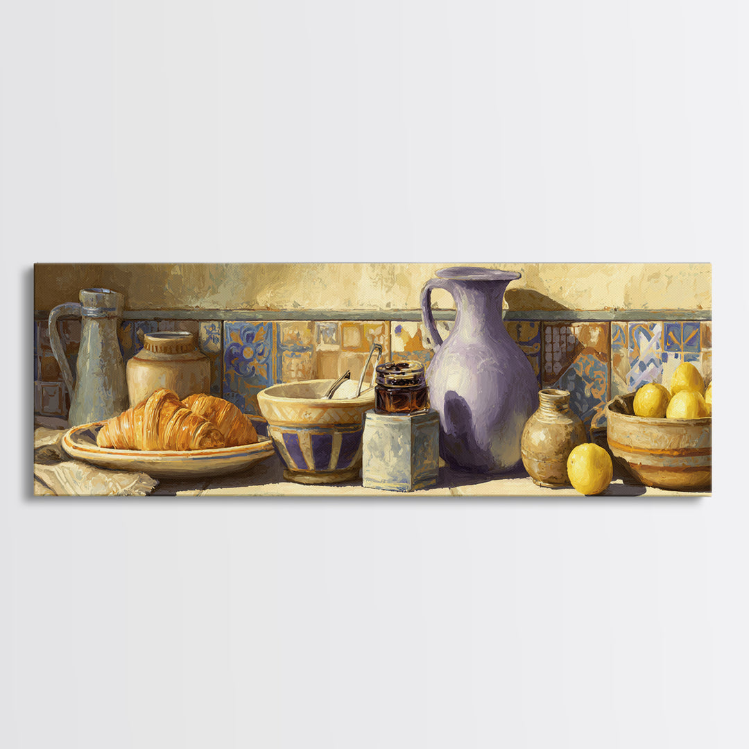 Caf Au Lait Bowl Framed Canvas Print, French Country Art, Digital Wall Art, Farmhouse Decor, Oil Painting, Country, FCA-3x1-74