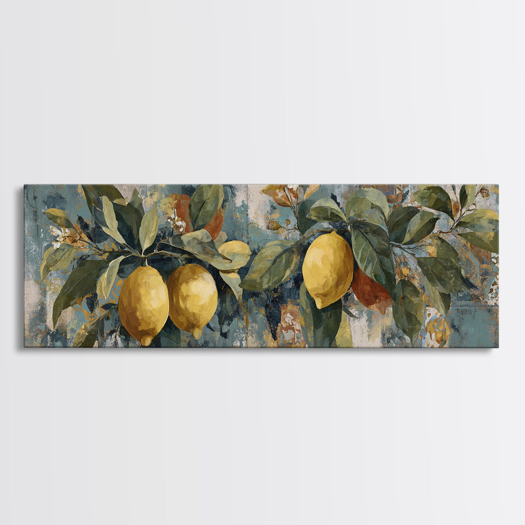 Aged Botanical Plate of Lemons and Leaves Canvas Print, French Country Art, Farmhouse Decor, Oil Painting, Country, FCA-3x1-76
