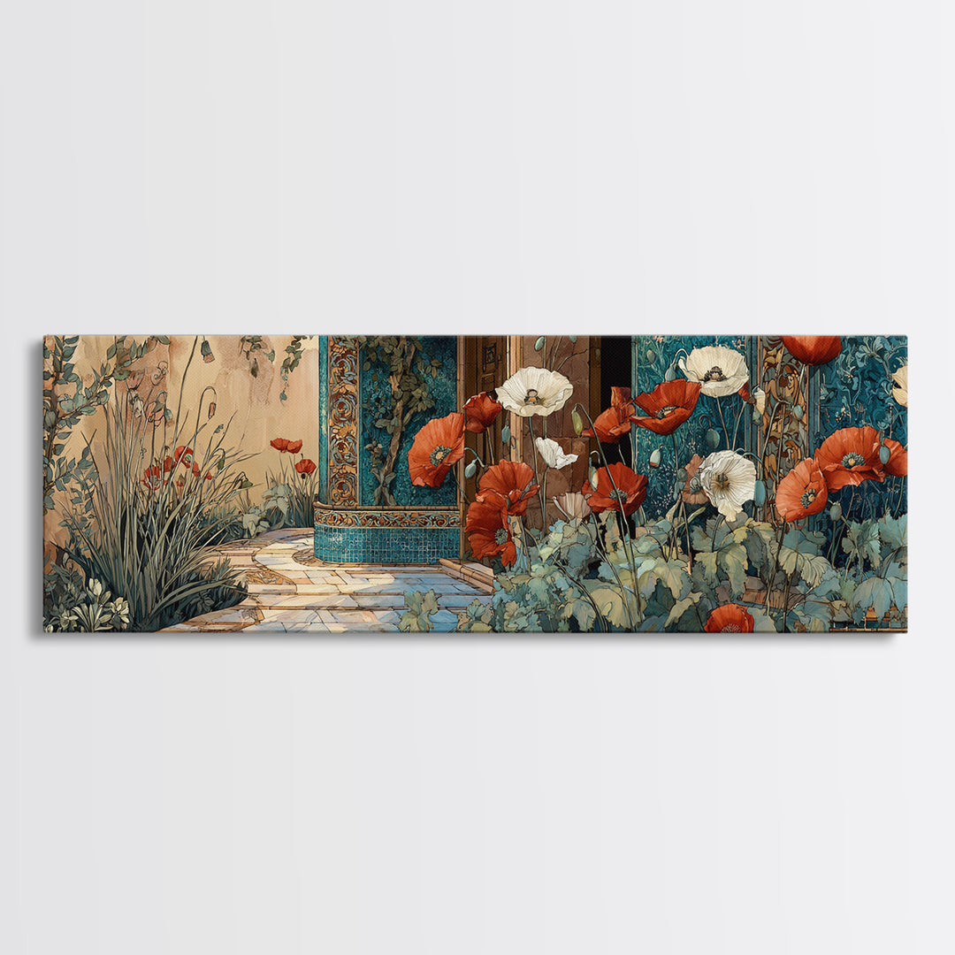 Poppies Beside a Stone Garden Wall Framed Canvas Print, French Country Art, Digital Art, Farmhouse Decor, Watercolor Art, FCA-3x1-79