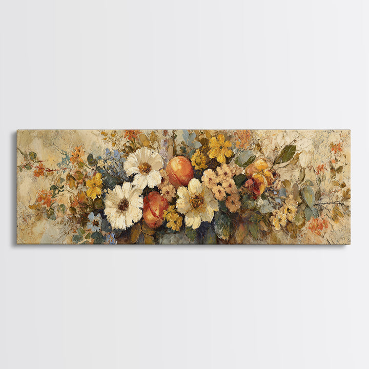 Basket of Fresh Peaches and Wildflowers Canvas Print, French Country Art, Contemporary Art, Farmhouse Decor, Country, FCA-3x1-84