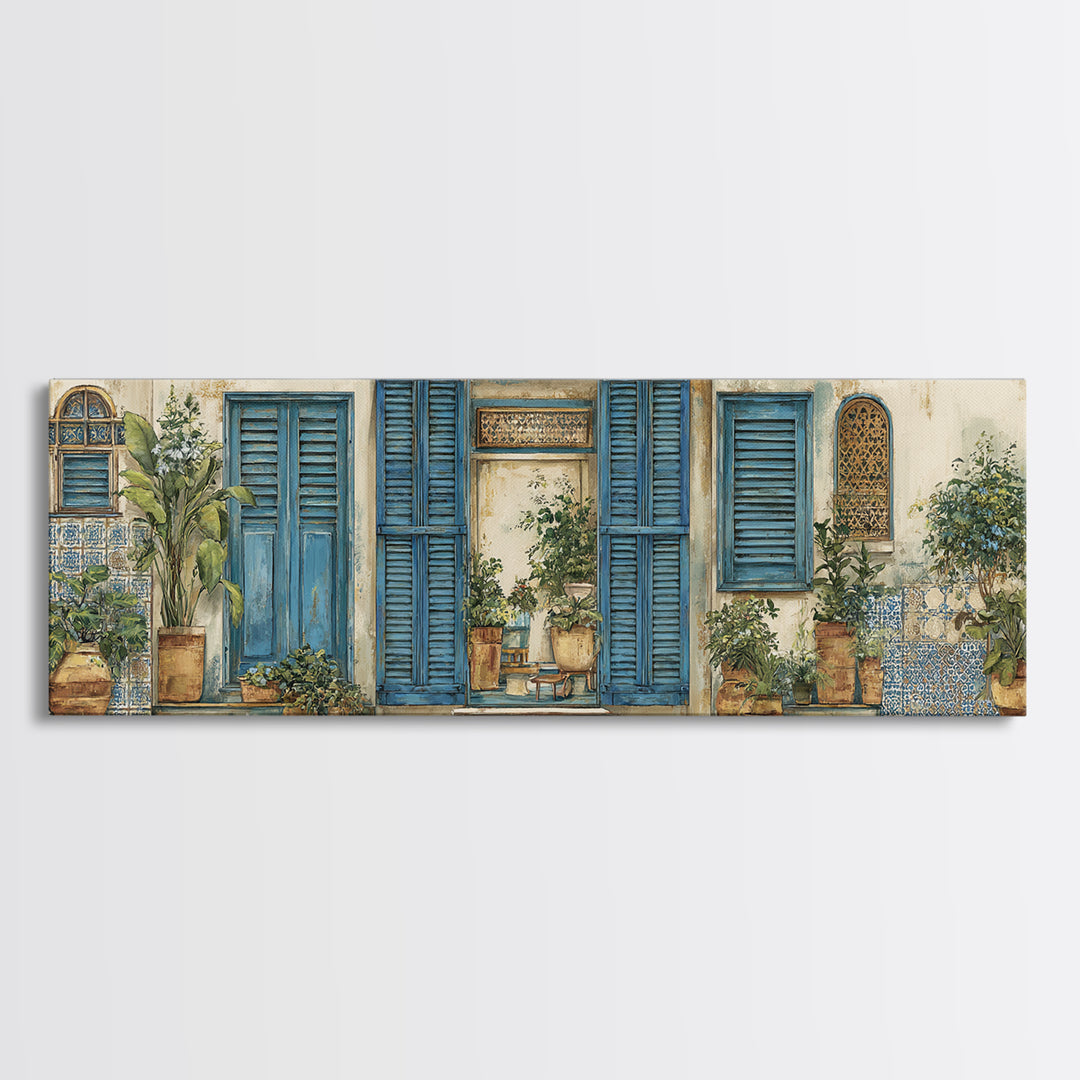 Weathered Window with Blue Shutters Canvas Print, French Country Art, Home Decor Gift, Farmhouse Decor, Oil Painting, Country, FCA-3x1-85