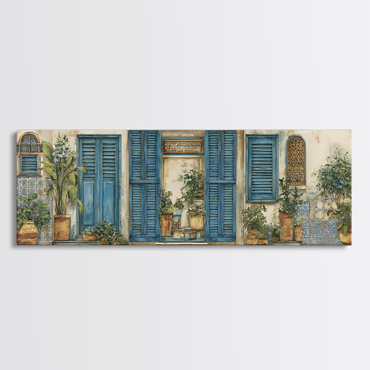 Weathered Window with Blue Shutters Canvas Print, French Country Art, Home Decor Gift, Farmhouse Decor, Oil Painting, Country, FCA-3x1-85