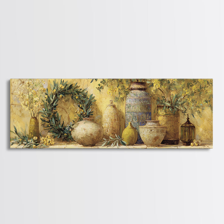 Olive Branch Wreath on Cream Ground Canvas Print, French Country Art, Minimalist Decor, Farmhouse Decor, Fine Art, Country, FCA-3x1-86
