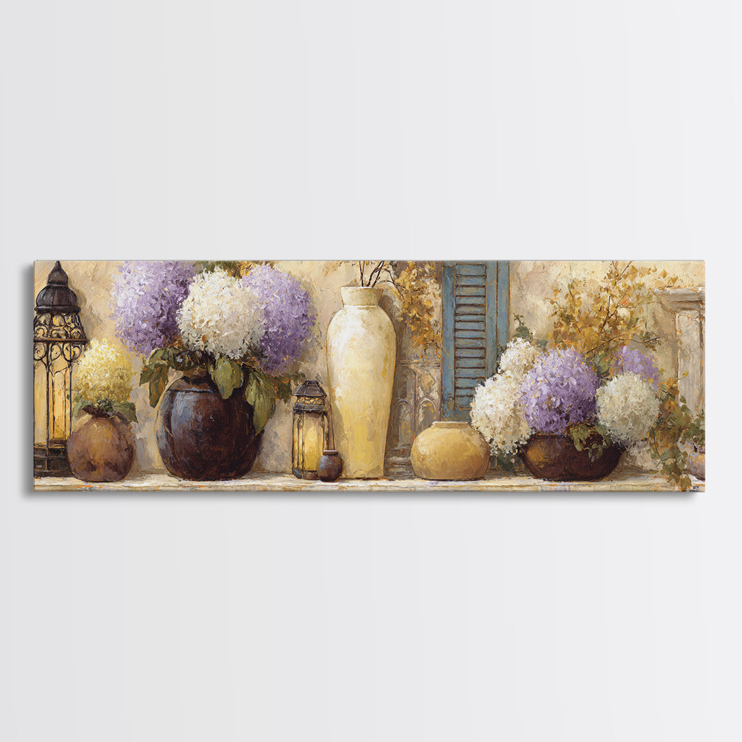 Soft Hydrangeas Beside Antique Shutters Canvas Print, French Country Art, Botanical Prints, Farmhouse Decor, Fine Art, Country, FCA-3x1-96