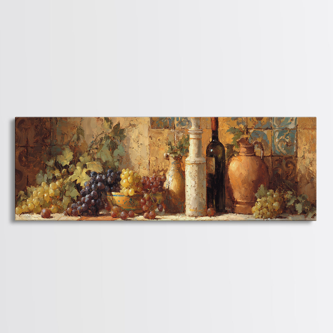 Grapes and Wine Still Life Canvas Print, French Country Art, Coastal Wall Art, Farmhouse Decor, Watercolor Art, Country, FCA-3x1-97