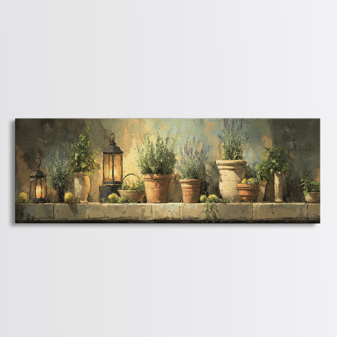 Terra Cotta Pots Framed Canvas Print, French Country Art, Eclectic Wall Art, Farmhouse Decor, Fine Art, Country, Modern Decor, FCA-3x1-99