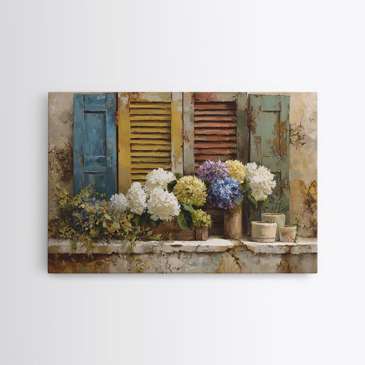 Soft Hydrangeas Beside Antique Shutters Canvas Print, French Country Art, Luxury Decor, Farmhouse Decor, Fine Art, Country, FCA-3x2-12
