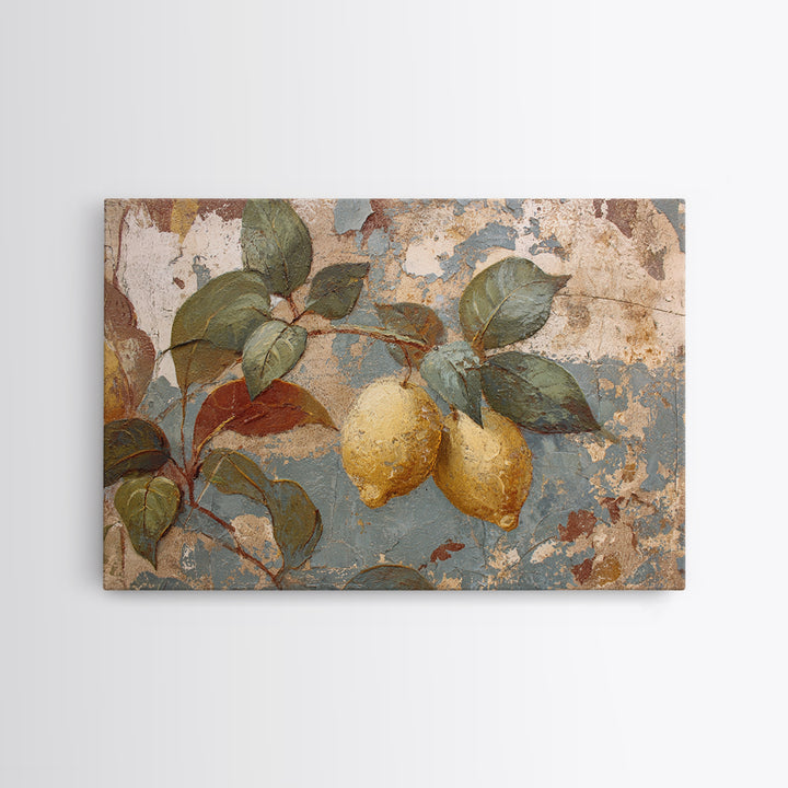 Aged Botanical Plate of Lemons and Leaves Canvas Print, French Country Art, Art Print, Farmhouse Decor, Watercolor Art, Country, FCA-3x2-16