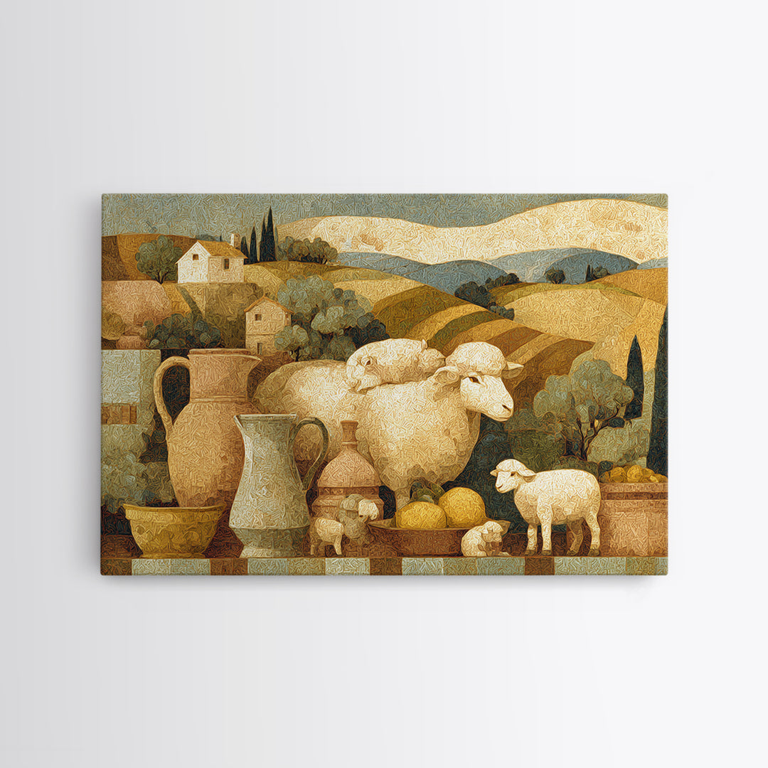 Pastoral Sheep in Rolling Countryside Framed Canvas Print, French Country Art, Textured Painting, Farmhouse Decor, Country, FCA-3x2-18