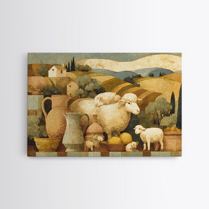 Pastoral Sheep in Rolling Countryside Framed Canvas Print, French Country Art, Textured Painting, Farmhouse Decor, Country, FCA-3x2-18