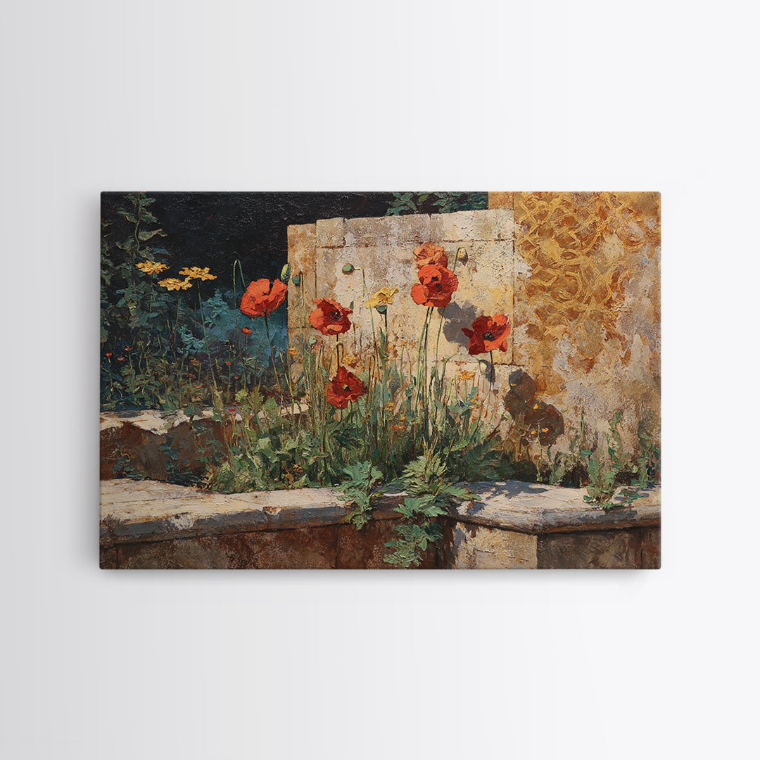 Poppies Beside a Stone Garden Wall Framed Canvas Print, French Country Art, Wall Art, Farmhouse Decor, Fine Art, Country, FCA-3x2-19