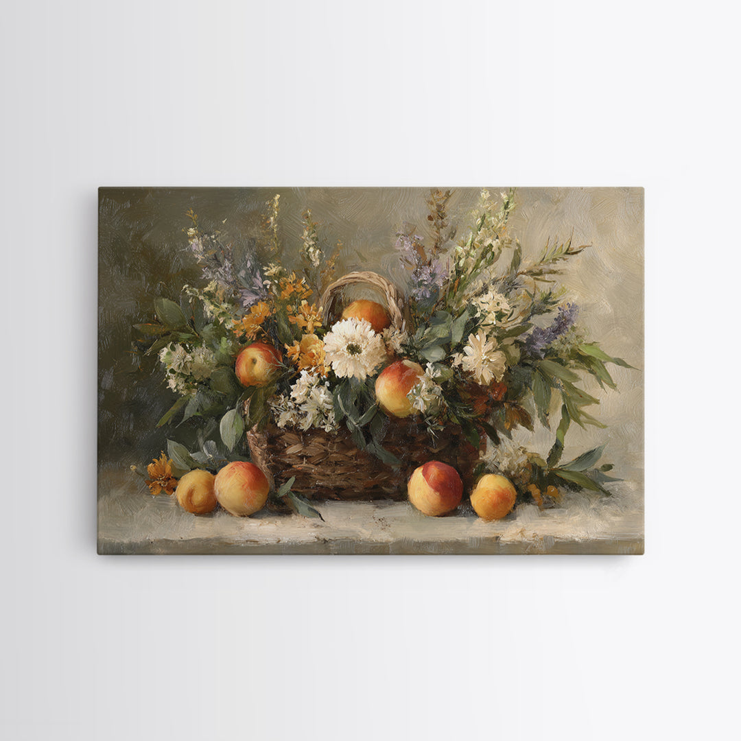 Basket of Fresh Peaches and Wildflowers Framed Canvas Print, French Country Art, Textured Painting, Farmhouse Decor, Country, FCA-3x2-24