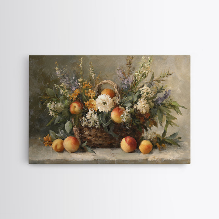 Basket of Fresh Peaches and Wildflowers Framed Canvas Print, French Country Art, Textured Painting, Farmhouse Decor, Country, FCA-3x2-24