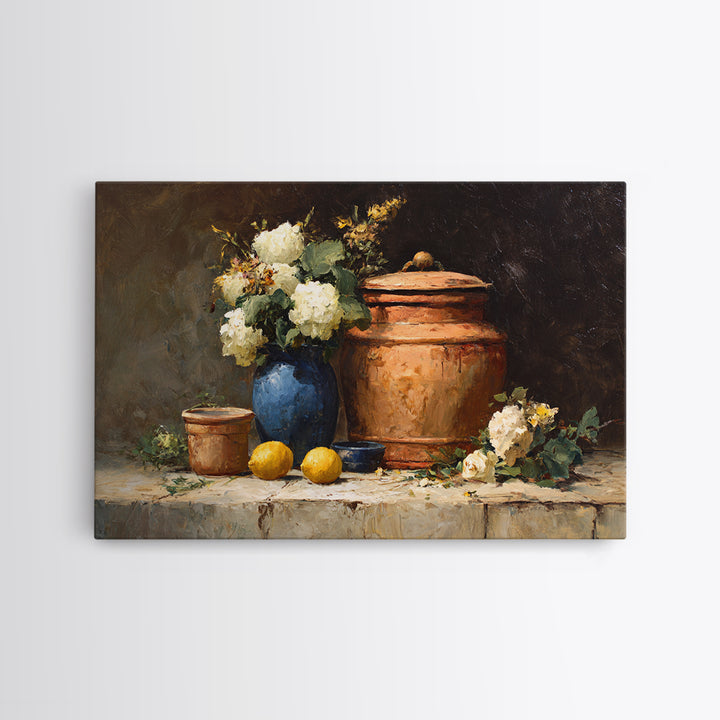 Antique Copper Pot and Flowers Still Life Framed Canvas Print, French Country Art, Boho Decor, Farmhouse Decor, Country, FCA-3x2-28