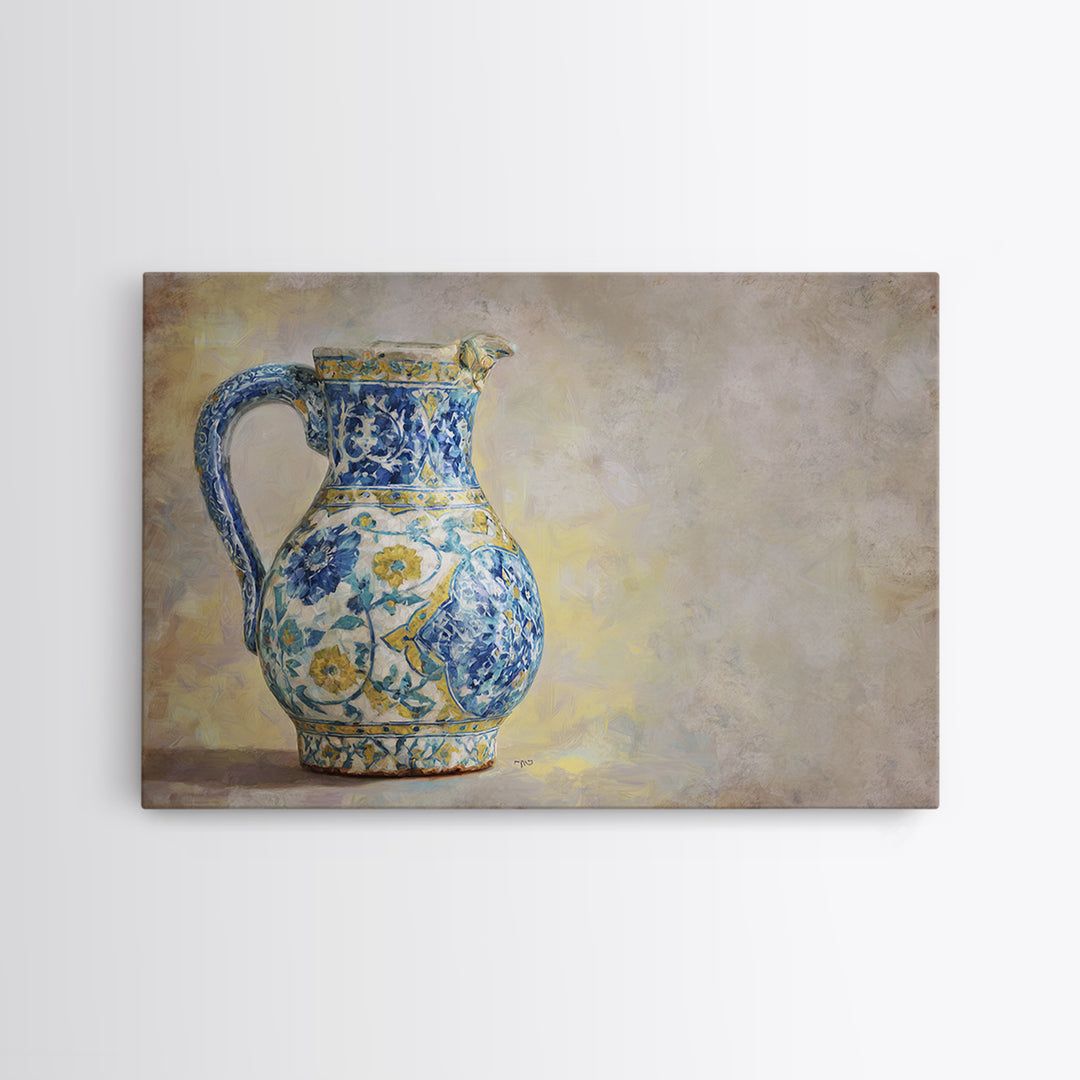 Blue and White Ceramic Pitcher Framed Canvas Print, French Country Art, Digital Art, Farmhouse Decor, Fine Art, Country, FCA-3x2-31