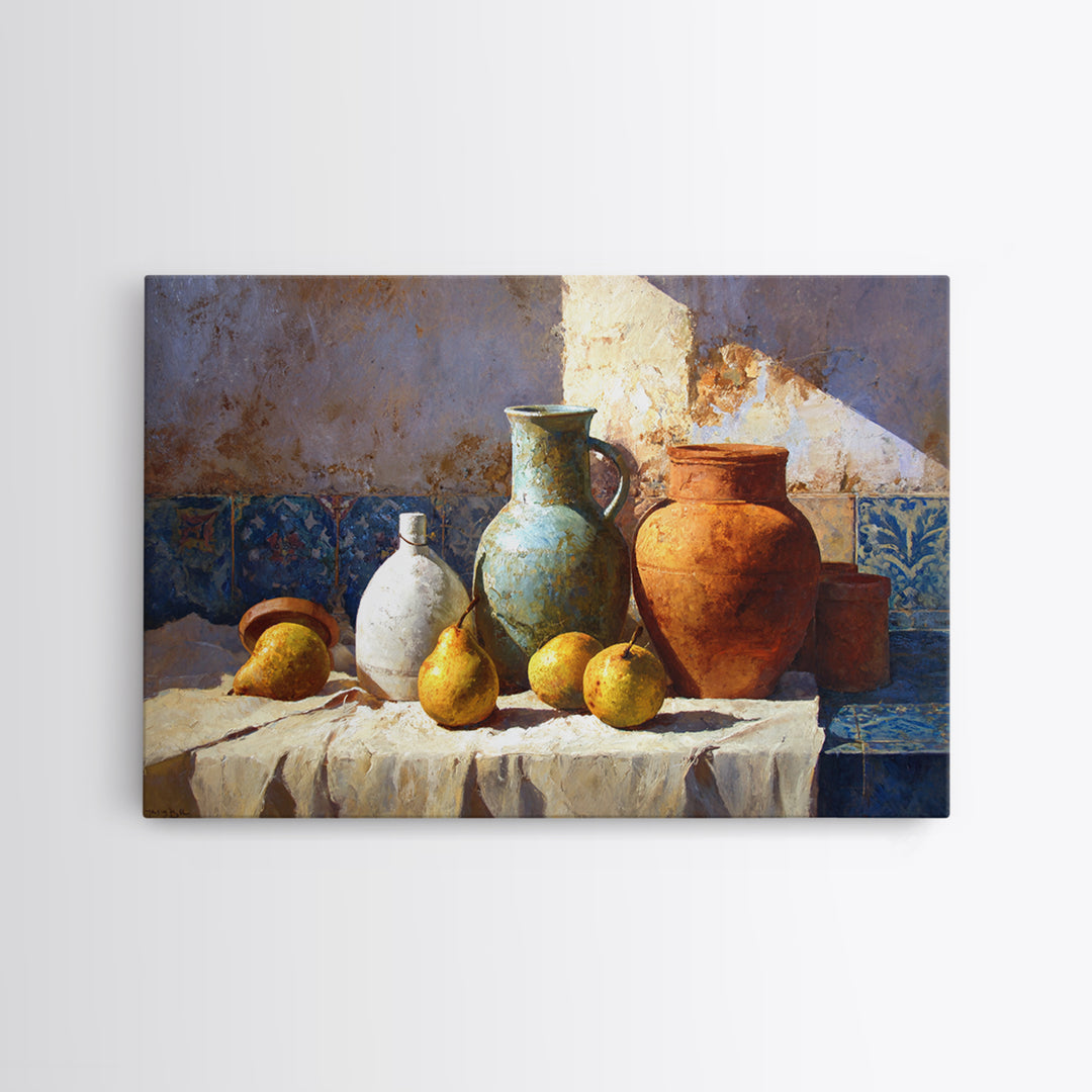 Pear Still Life on Linen Tablecloth Canvas Print, French Country Art, Minimalist Decor, Farmhouse Decor, Fine Art, Country, FCA-3x2-32