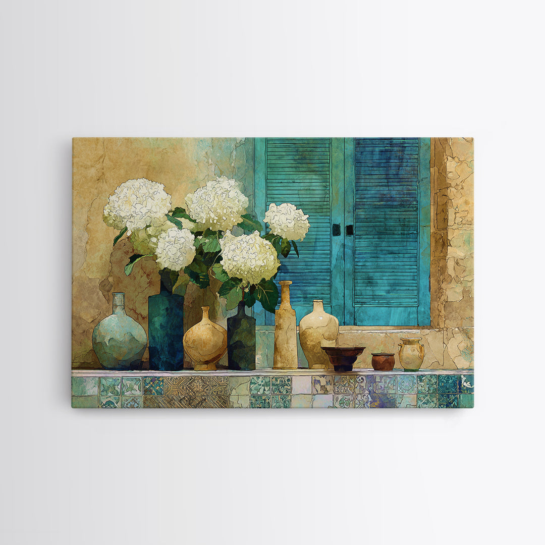 Soft Hydrangeas Beside Antique Shutters Framed Canvas Print, French Country Art, Contemporary Art, Farmhouse Decor, Country, FCA-3x2-36