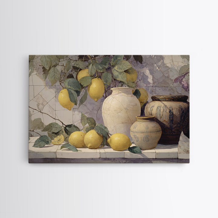 Aged Botanical Plate of Lemons and Leaves Framed Canvas Print, French Country Art, Wall Art, Farmhouse Decor, Watercolor Art, FCA-3x2-40