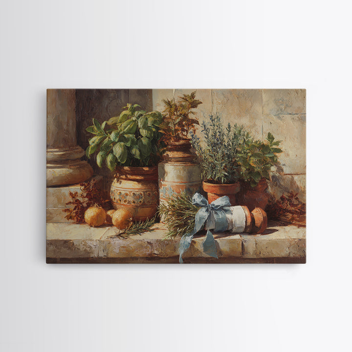Farmhouse Kitchen Herbs Tied Framed Canvas Print, French Country Art, Digital Wall Art, Farmhouse Decor, Watercolor Art, FCA-3x2-41