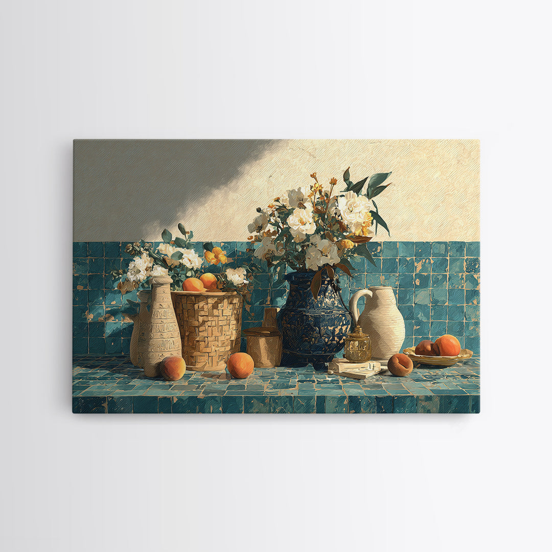 Basket of Fresh Peaches and Wildflowers Canvas Print, French Country Art, Digital Prints, Farmhouse Decor, Fine Art, Country, FCA-3x2-48