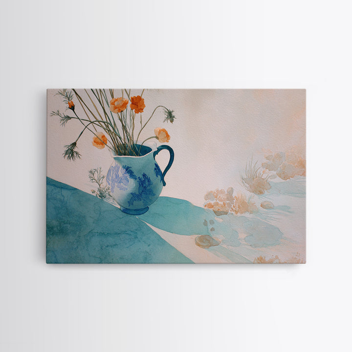 Blue and White Ceramic Pitcher Framed Canvas Print, French Country Art, Landscape Wall Art, Farmhouse Decor, Watercolor Art, FCA-3x2-55