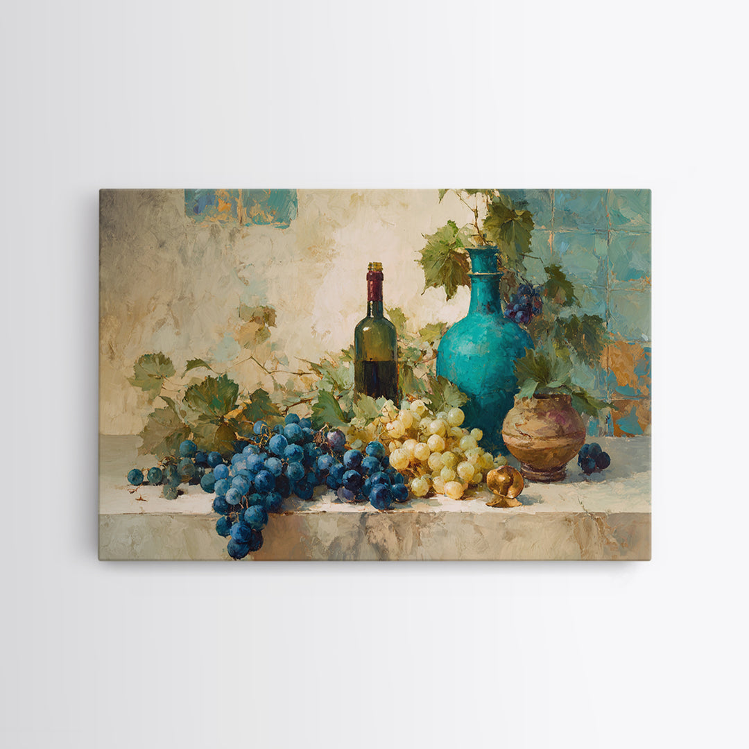 Grapes and Wine Still Life Canvas Print, French Country Art, Oil Painting, Farmhouse Decor, Country, Digital Art Prints, FCA-3x2-61