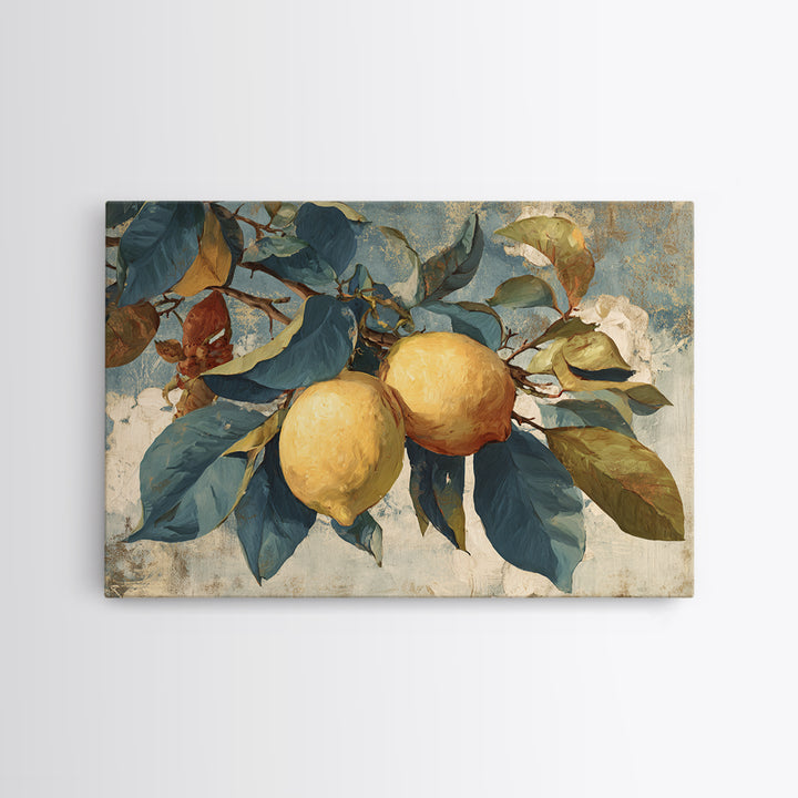Aged Botanical Plate of Lemons and Leaves Framed Canvas Print, French Country Art, Farmhouse Decor, Fine Art, Country, FCA-3x2-64