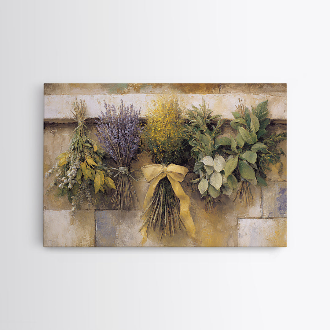 Farmhouse Kitchen Herbs Tied Framed Canvas Print, French Country Art, Digital Wall Art, Farmhouse Decor, Watercolor Art, FCA-3x2-65