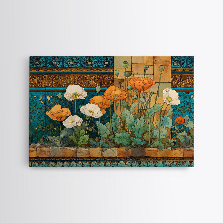 Poppies Beside a Stone Garden Wall Canvas Print, French Country Art, Coastal Wall Art, Farmhouse Decor, Watercolor Art, Country, FCA-3x2-67