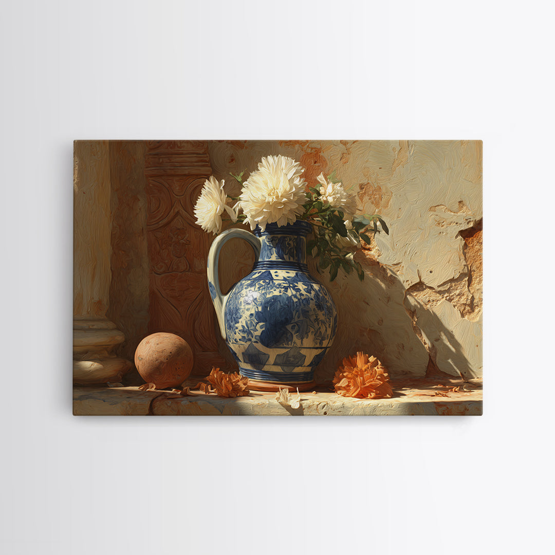 Blue and White Ceramic Pitcher Framed Canvas Print, French Country Art, Landscape Wall Art, Farmhouse Decor, Fine Art, Country, FCA-3x2-7