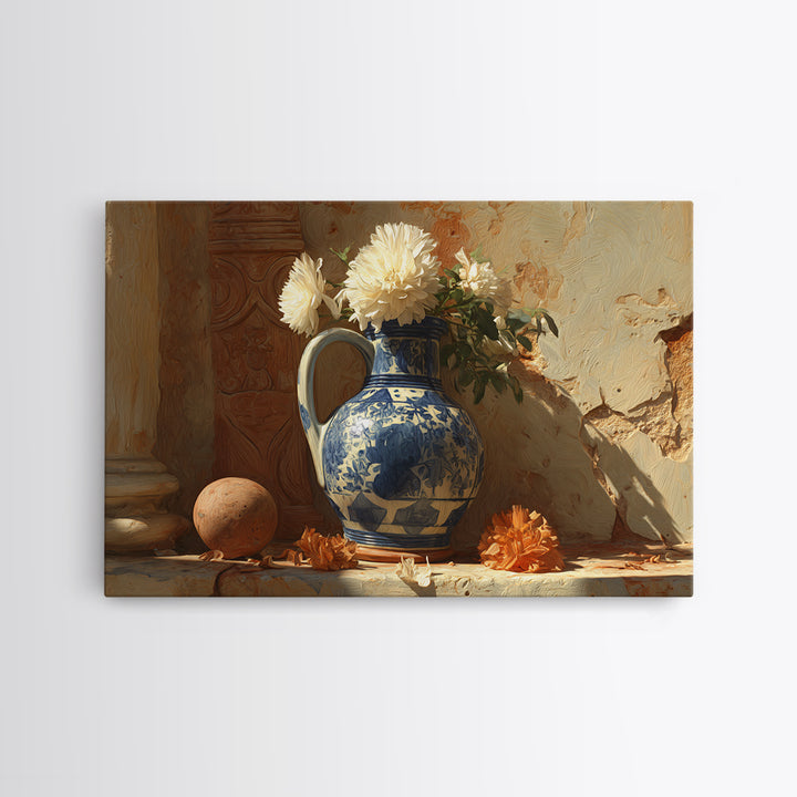 Blue and White Ceramic Pitcher Framed Canvas Print, French Country Art, Landscape Wall Art, Farmhouse Decor, Fine Art, Country, FCA-3x2-7