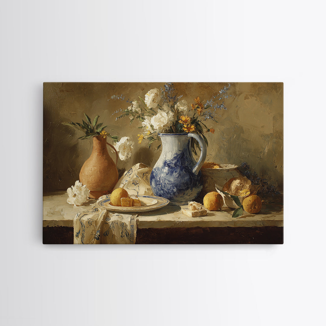 Blue and White Ceramic Pitcher Framed Canvas Print, French Country Art, Digital Art, Farmhouse Decor, Watercolor Art, Country, FCA-3x2-79