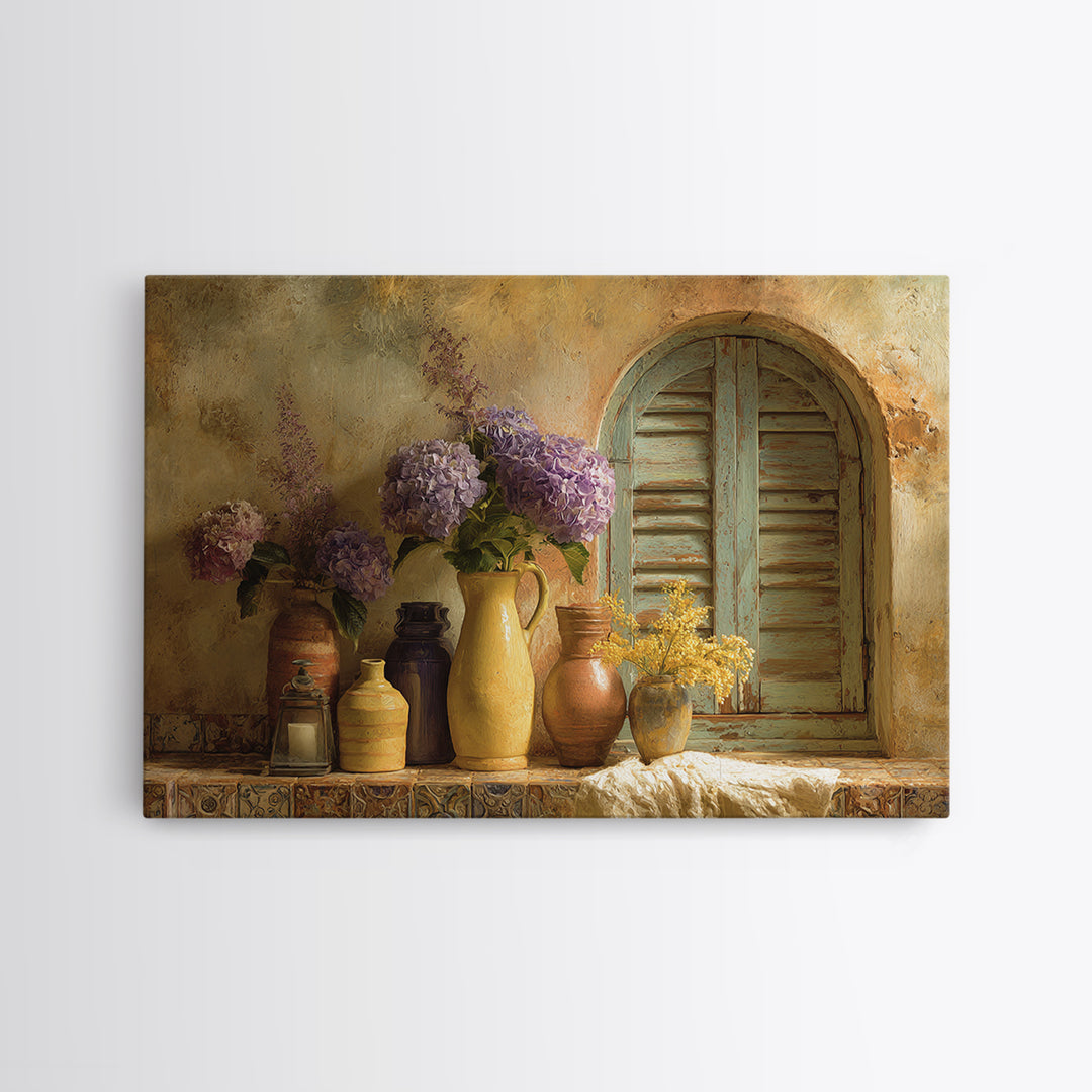 Soft Hydrangeas Beside Antique Shutters Canvas Print, French Country Art, Botanical Prints, Farmhouse Decor, Fine Art, Country, FCA-3x2-84