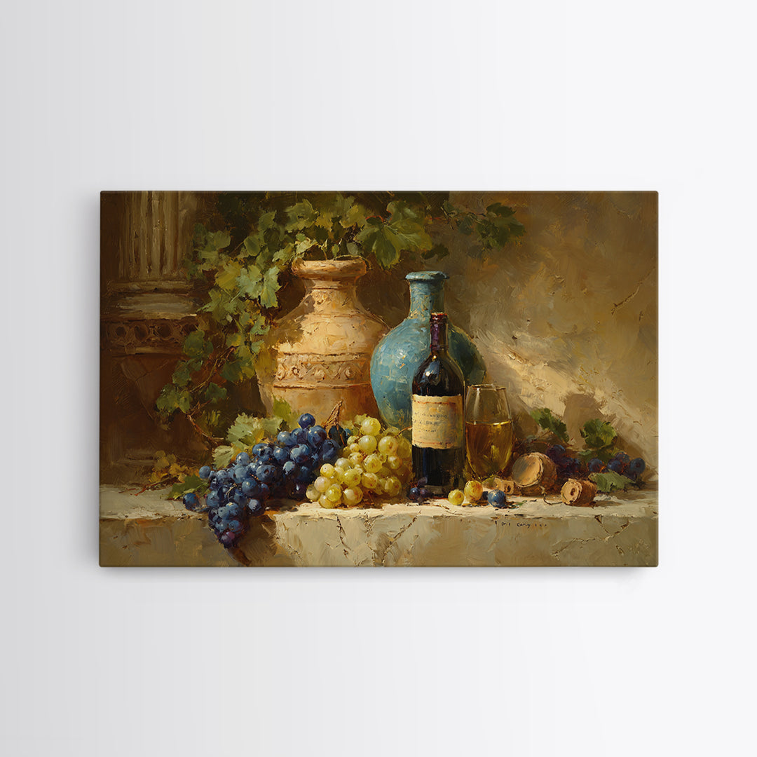 Grapes and Wine Still Life Framed Canvas Print, French Country Art, Farmhouse Decor, Fine Art, Country, Farmhouse Wall Art, FCA-3x2-85