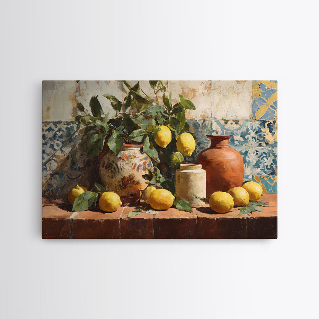 Aged Botanical Plate of Lemons and Leaves Canvas Print, French Country Art, Coastal Wall Art, Farmhouse Decor, Oil Painting, FCA-3x2-88