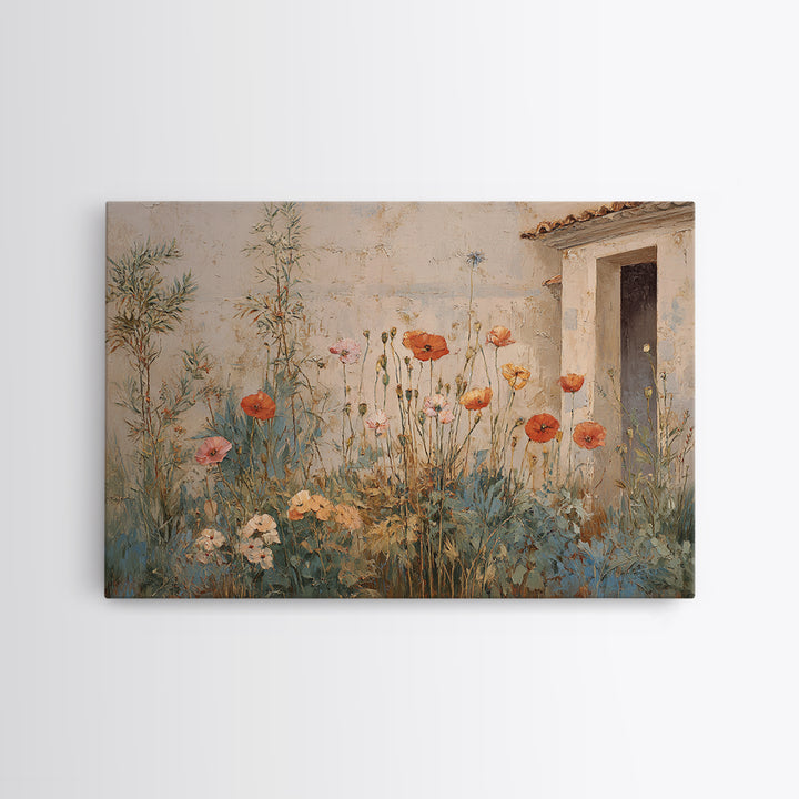 Poppies Beside a Stone Garden Wall Canvas Print, French Country Art, French Country Decor, Farmhouse Decor, Country, FCA-3x2-91